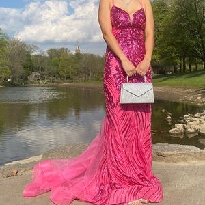 Hot Pink Sequin Prom Dress with Long Train